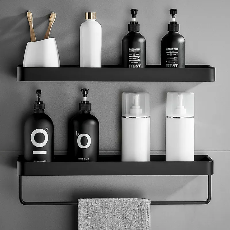 Hb8b3f40bb80d446c9980cf4e2429971ep.webp Bathroom Shelf No Drill Organizer Shower Storage Rack Black Corner Shelves Wall Mounted Aluminum Toilet Shampoo Holder - Image 1