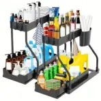 Under Sink Storage Organizers with Hanging Hooks 2 Tier Pull Out Drawers Cabinet Organiser Kitchen Rack for Bathroom - Image 7