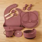 Food Grade Silicone Child Dish Set Baby Feeding Bowl Suction Plate Straw Cup Wooden Spoon Fork for Kids Tableware Toddler Dishes - Image 8