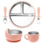Color Kids 5PCS Baby Feeding Set Stainless Steel Silicone Tableware Sucker Dishes Plate Bowl Training Fork Spoon Infant Cup - Image 14