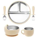 Color Kids 5PCS Baby Feeding Set Stainless Steel Silicone Tableware Sucker Dishes Plate Bowl Training Fork Spoon Infant Cup - Image 13