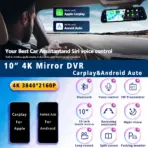 10"  Dash Cam 4K 3840*2160P Car Dvr Carplay Android Auto GPS 5G WIFI AUX Stream RearView Mirror Dashcam Camera Drive Recorder FM - Image 2