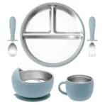 Color Kids 5PCS Baby Feeding Set Stainless Steel Silicone Tableware Sucker Dishes Plate Bowl Training Fork Spoon Infant Cup - Image 15