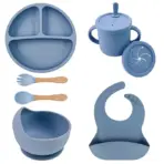 Food Grade Silicone Child Dish Set Baby Feeding Bowl Suction Plate Straw Cup Wooden Spoon Fork for Kids Tableware Toddler Dishes - Image 11