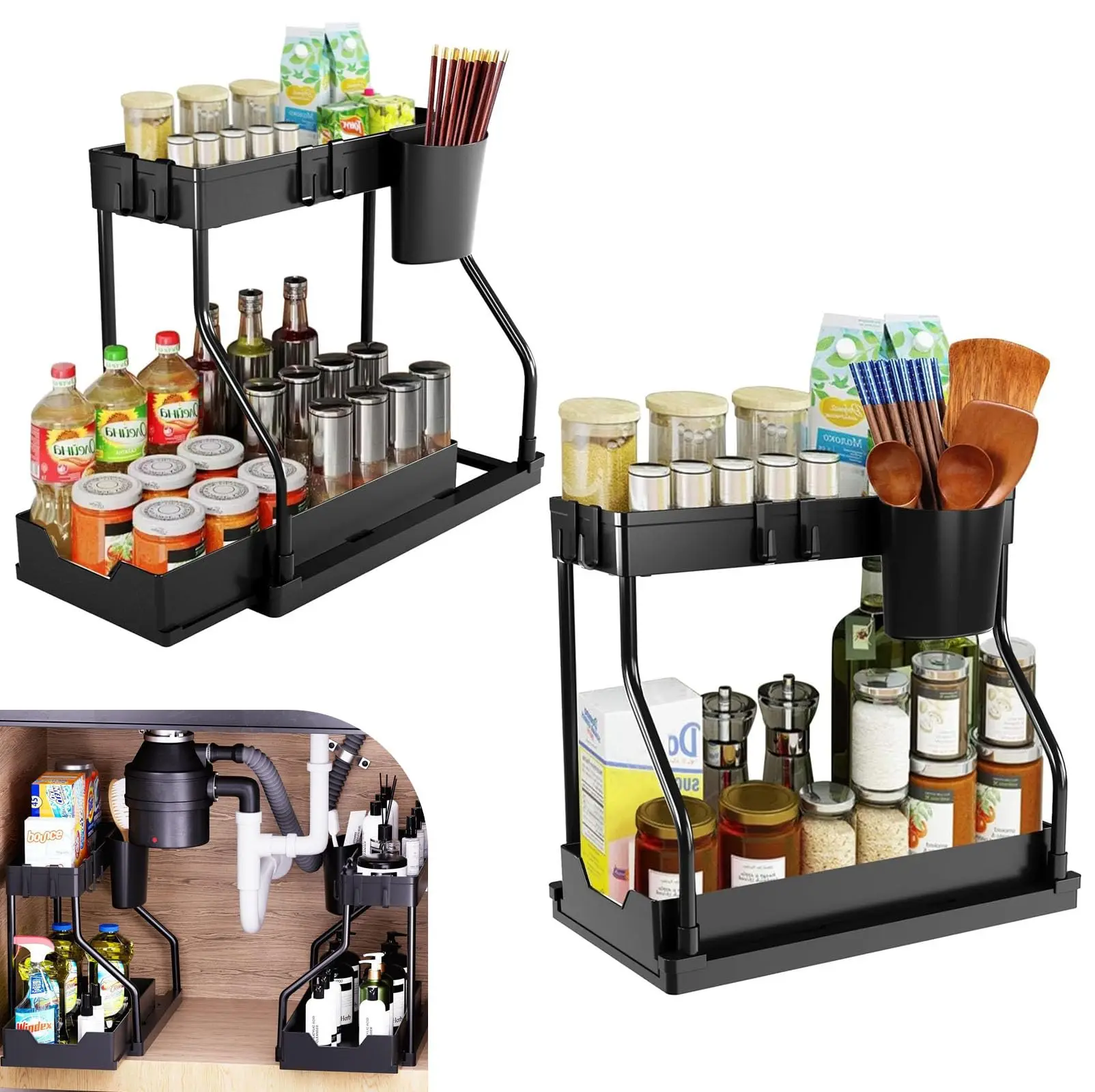 S2d072ea842d648ac86d57bb531b01da2F.webp Under Sink Storage Organizers with Hanging Hooks 2 Tier Pull Out Drawers Cabinet Organiser Kitchen Rack for Bathroom - Image 1