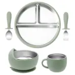 Color Kids 5PCS Baby Feeding Set Stainless Steel Silicone Tableware Sucker Dishes Plate Bowl Training Fork Spoon Infant Cup - Image 8