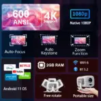 Huaweishi 4K Projector Android Native Portable 1080P 600ANSI Auto FocusVideo home Cinema Outdoor hd led Projetor - Image 2