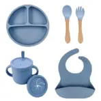 Food Grade Silicone Child Dish Set Baby Feeding Bowl Suction Plate Straw Cup Wooden Spoon Fork for Kids Tableware Toddler Dishes - Image 15