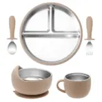 Color Kids 5PCS Baby Feeding Set Stainless Steel Silicone Tableware Sucker Dishes Plate Bowl Training Fork Spoon Infant Cup - Image 16