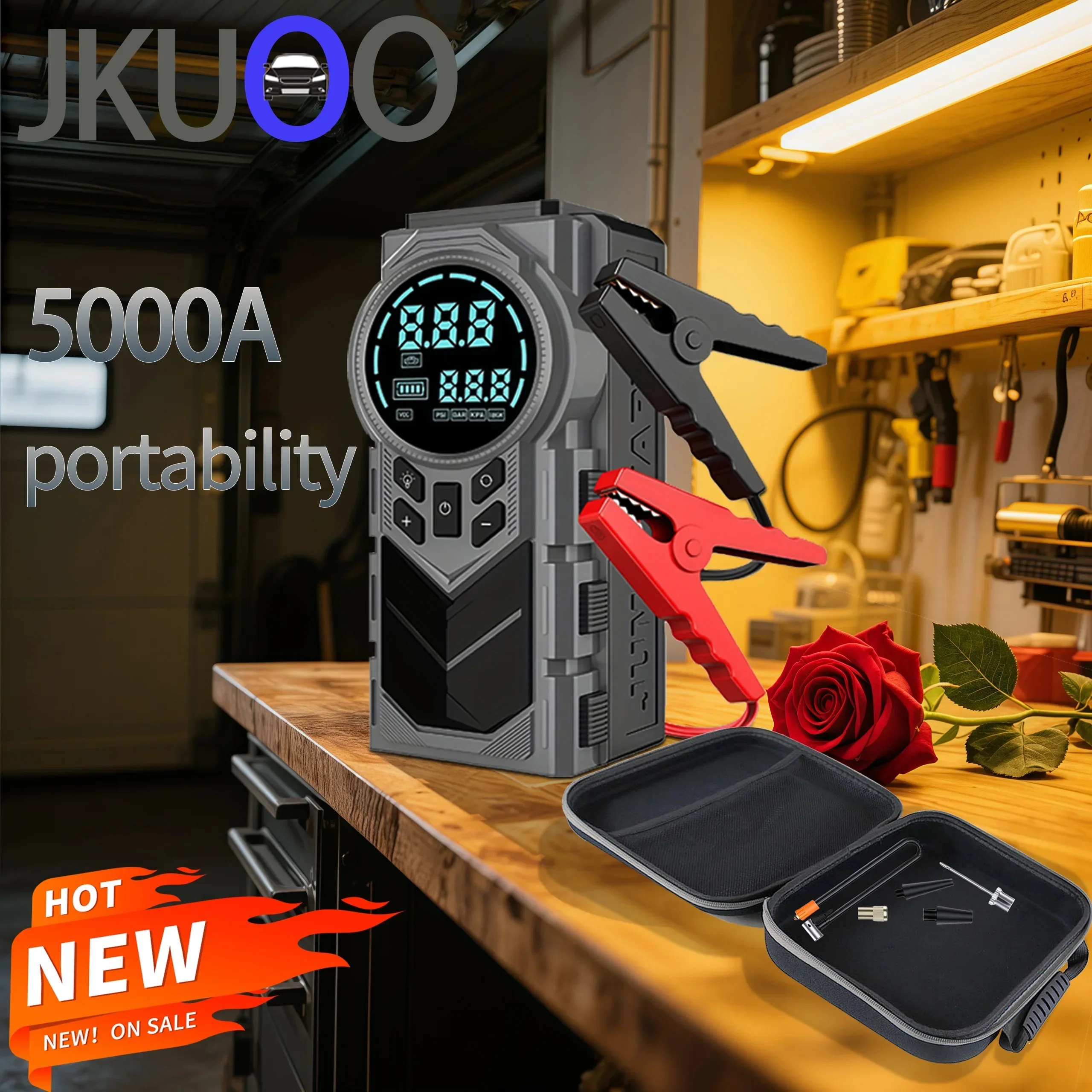 S561024527c2247a8a3ff1f89a5bad07fA.webp Compact 12V 2-in-1 Car Jump Starter & Tire Inflator - JKUOO 150PSI Inflation, -40°C Resistant, LED Light USB Ports - Image 1