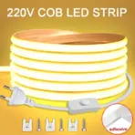 220V Led Strip with ON/OFF Switch Waterproof COB LED Strip 220V Flexible Ribbon for Room Bedroom Kitchen Outdoor Garden Lighting