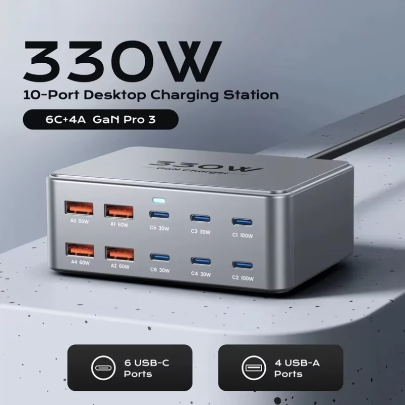 S63a3621f3ecd414ba8fb2f466d58a3d8F.webp 330W GaN USB C Charger, 100W PD3.0 PPS Fast Charging Station with 4-Port (3x USB-C, 1x USB-A). Compact Desktop Power Adapter for - Image 1