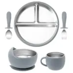 Color Kids 5PCS Baby Feeding Set Stainless Steel Silicone Tableware Sucker Dishes Plate Bowl Training Fork Spoon Infant Cup - Image 9