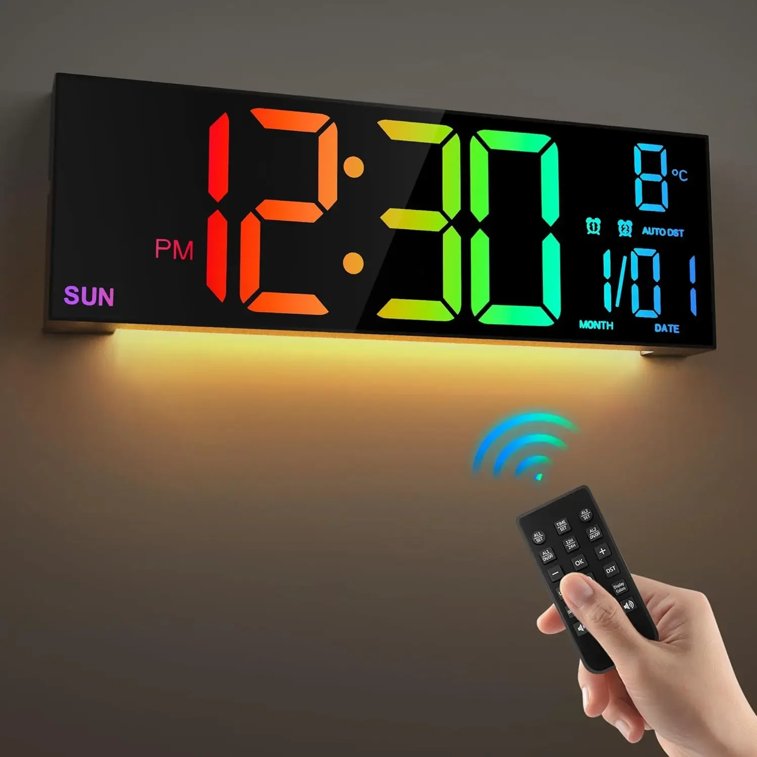 S682f22f55fa744c5b6d0ab5a6be5bdadd-1.webp 16.2'' Large Digital Wall Clock with Remote Control Big LED/Dual Alarm/8 RGB Colors Digital Alarm Clock Electronic Watch - Image 1