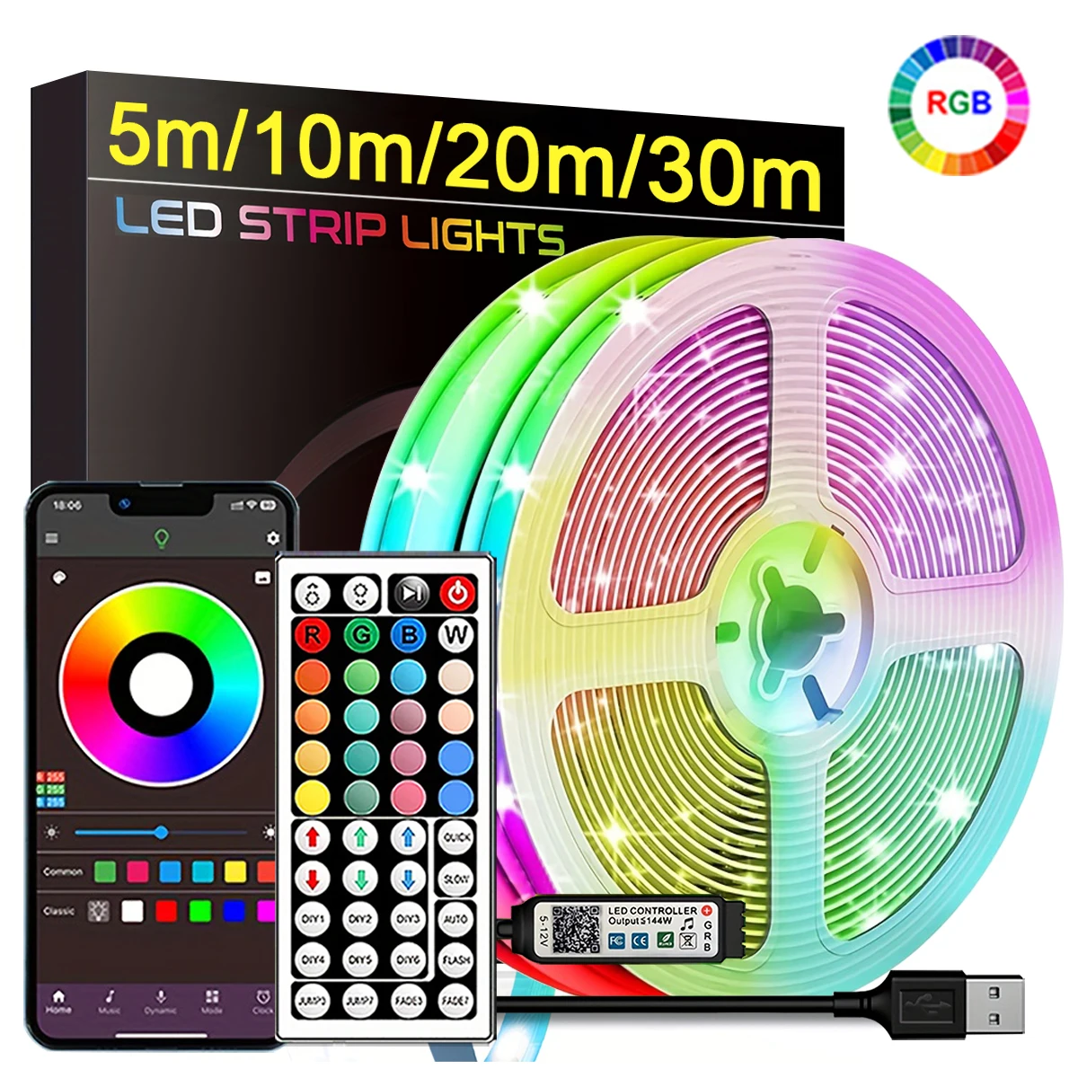 S68bc844cef4e43d8aa593135470f1af6x.webp RGB Led Strip Lights 5m 10m 20m 30m Led Room Light with APP Control Flexible Ribbon Luces Led Tape for Room Bedroom Decoration - Image 1