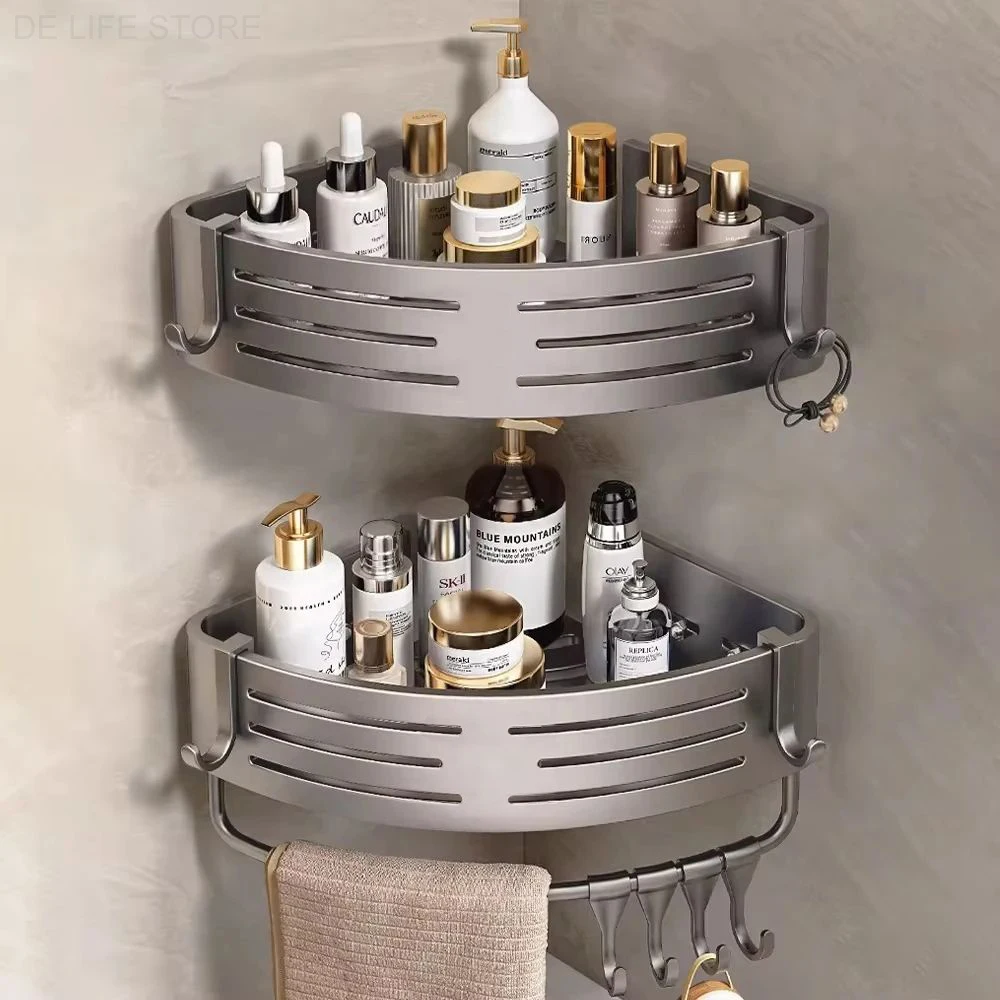 S709facb37b254566affb6e326ed9d1e8E-1.webp 1-2PCS Bathroom Corner Shelf with Plastic Hook Towel Bar No Drill Space Aluminum Shower Storage Rack Bathroom Organizer - Image 1