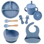 Food Grade Silicone Child Dish Set Baby Feeding Bowl Suction Plate Straw Cup Wooden Spoon Fork for Kids Tableware Toddler Dishes - Image 8