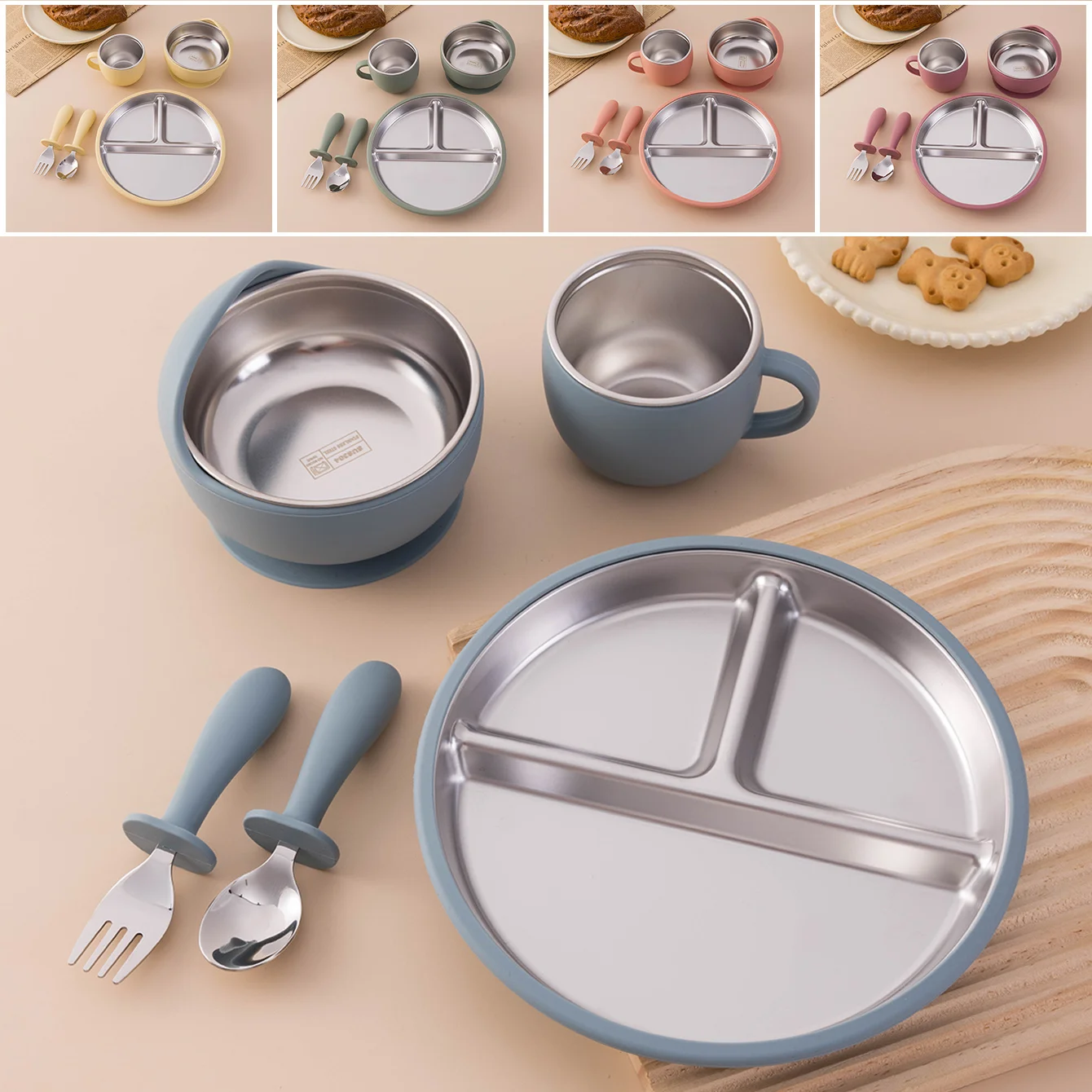 S8a6ee930f0e54895ad196b09874a8c3fP.webp Color Kids 5PCS Baby Feeding Set Stainless Steel Silicone Tableware Sucker Dishes Plate Bowl Training Fork Spoon Infant Cup - Image 1