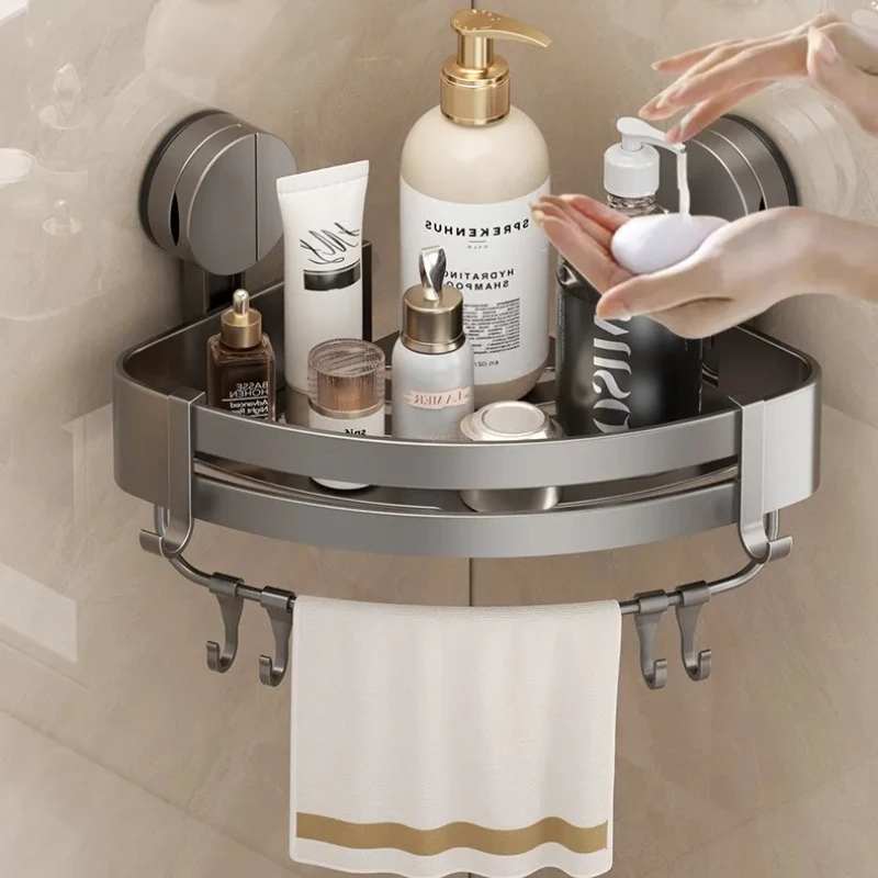 S8b88eac5f3644269b8d642cbf26bbfb6G.webp Suction Cup Shower Corner Shelf – Wall Mounted No-Drill Organizer for Shampoo Bottles, Bathroom Storage Rack - Image 1