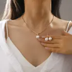 LATS 3 Pcs/Set Round Pearl Pendant Necklace For Women Exquisite Fashion Rhinestone Double  Earring Wedding Jewelry Set Gift - Image 2