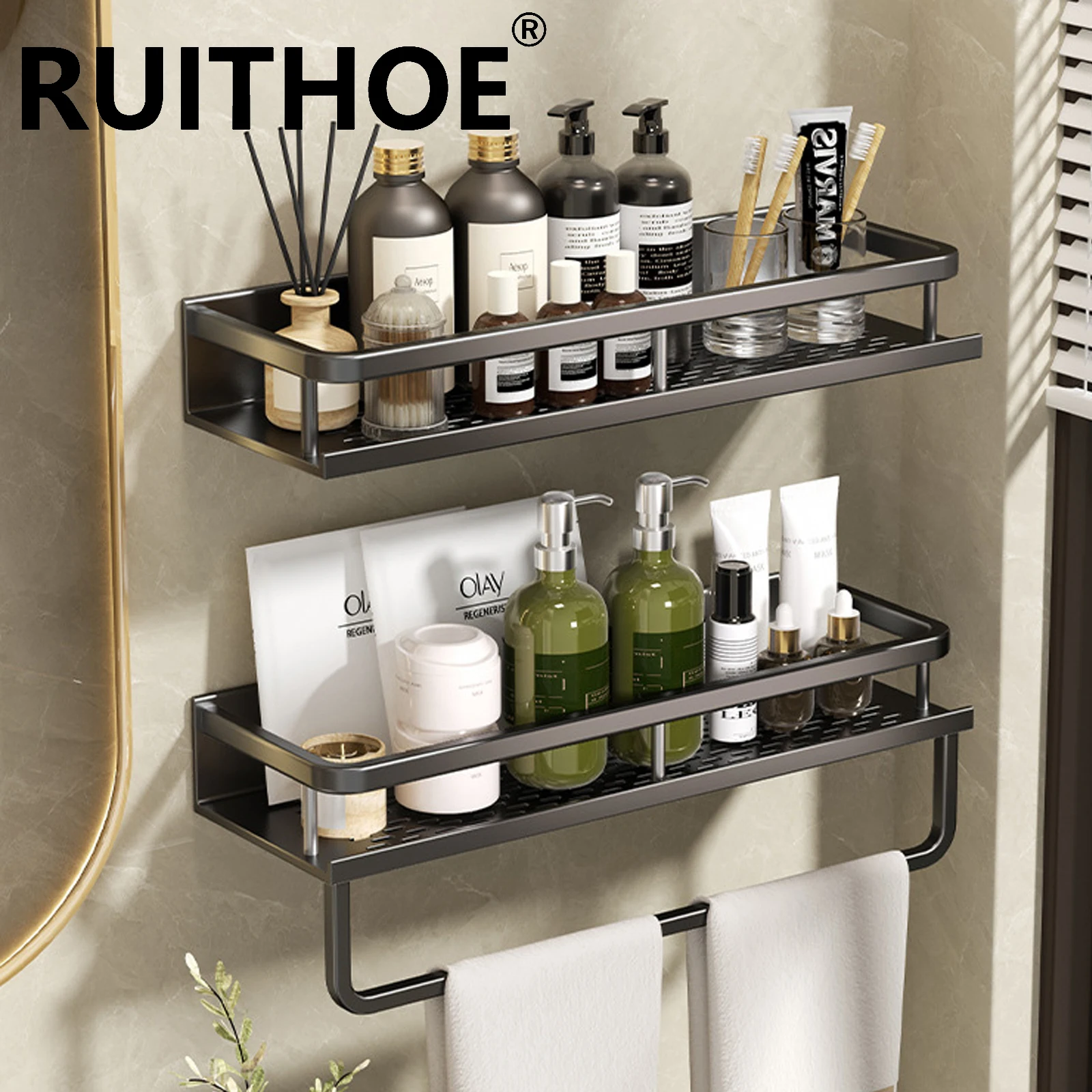 S9e443a1e838746aab9f8aa3df5dedbb7q.webp Punch-Free Bathroom Rack Bathroom Shelf Toilet Space Aluminum No Drill Hanging Rack Bathroom Organizer Hang On the Wall - Image 1