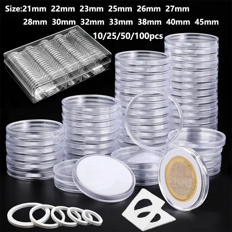 Sa491b7ea4ec240e1beb466f41c1a7d9ax.webp 10-100pcs 21/23/25--45mm Coinning Capsules Storage Box Clear Plastic Coinning Cases Holders Protector Coinning Capsules Storage - Image 1