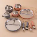 Color Kids 5PCS Baby Feeding Set Stainless Steel Silicone Tableware Sucker Dishes Plate Bowl Training Fork Spoon Infant Cup - Image 2