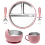 Color Kids 5PCS Baby Feeding Set Stainless Steel Silicone Tableware Sucker Dishes Plate Bowl Training Fork Spoon Infant Cup - Image 10