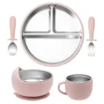 Color Kids 5PCS Baby Feeding Set Stainless Steel Silicone Tableware Sucker Dishes Plate Bowl Training Fork Spoon Infant Cup - Image 11