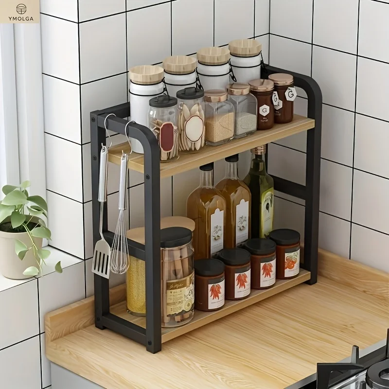Saf3da89ae550424f871344088e76d8fa7.webp 1pc 2-Tier Metal Countertop Shelf - Space Saving Organizer for Coffee, Mugs & Condiments, Rustproof Kitchen Rack - Image 1