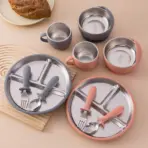 Color Kids 5PCS Baby Feeding Set Stainless Steel Silicone Tableware Sucker Dishes Plate Bowl Training Fork Spoon Infant Cup - Image 6