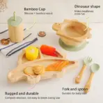 Baby Bamboo Wooden With Silicone Suction Tableware Children Cartoon Dinosaur Feeding Bowl Spoon Fork Set Kid Feeding Accessories - Image 2