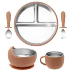 Color Kids 5PCS Baby Feeding Set Stainless Steel Silicone Tableware Sucker Dishes Plate Bowl Training Fork Spoon Infant Cup - Image 12