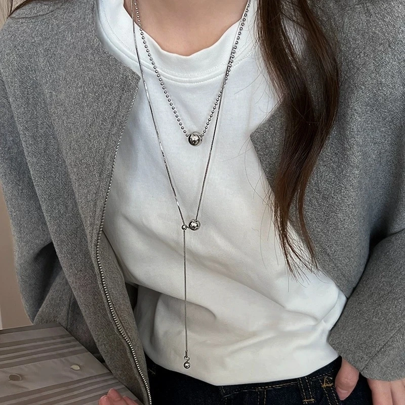 Sc5b2bebbe7384afa8110131b98e4ddf2y.webp LATS Personality Stainless Steel Beaded Ball Pendant Necklace for Women Silver Color Double Layer Hip Hop Rock Chokers Jewelry - Image 1