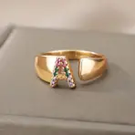 Rainbow Zircon Letter Rings For Women Fashion Chunky Wide Letter A-Z Stainless Steel Ring Wedding Boho Jewelry free shipping - Image 2