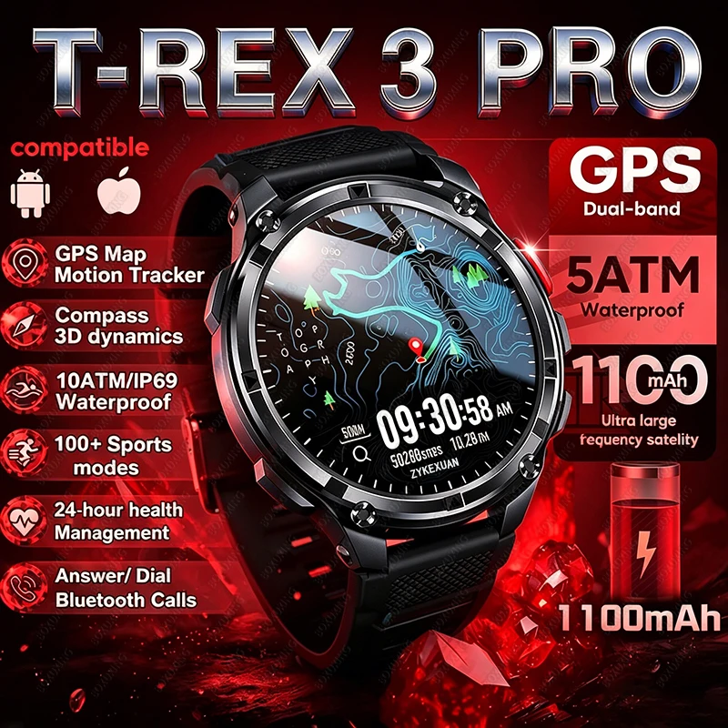 Sdc9dfeaef2094900a5f3bba19cb161dc3.webp New T-Rex3 Ultra 1100mAh Battery Smart Watch GPS Track Compass IP69K Waterproof Sports tracker Outdoors Military Smartwatches - Image 1