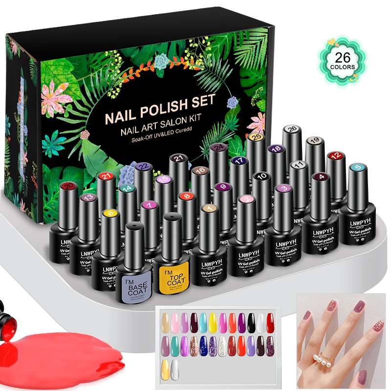 Sddefc847188a449aa4dab7e4a33e5d6fp.webp LNWPYH Gel Nail Polish Set Nail Gel Kit 26 Color Semi Permanent UV Led Gel Varnish Soak Off Nail Lacquers Base Coat Top Coat Kit - Image 1
