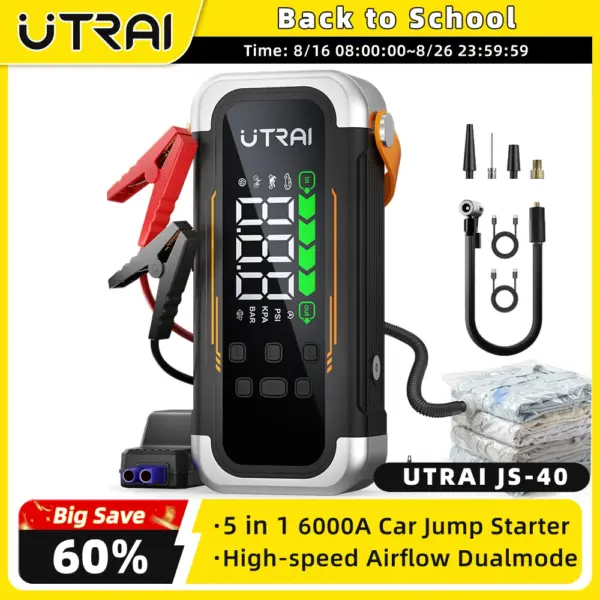 UTRAI 5 in 1 6000A Car Jump Starter 150PSI Air Pump PD30W Power Bank High-speed Airflow Dualmode For kayakingCar Battery Booster