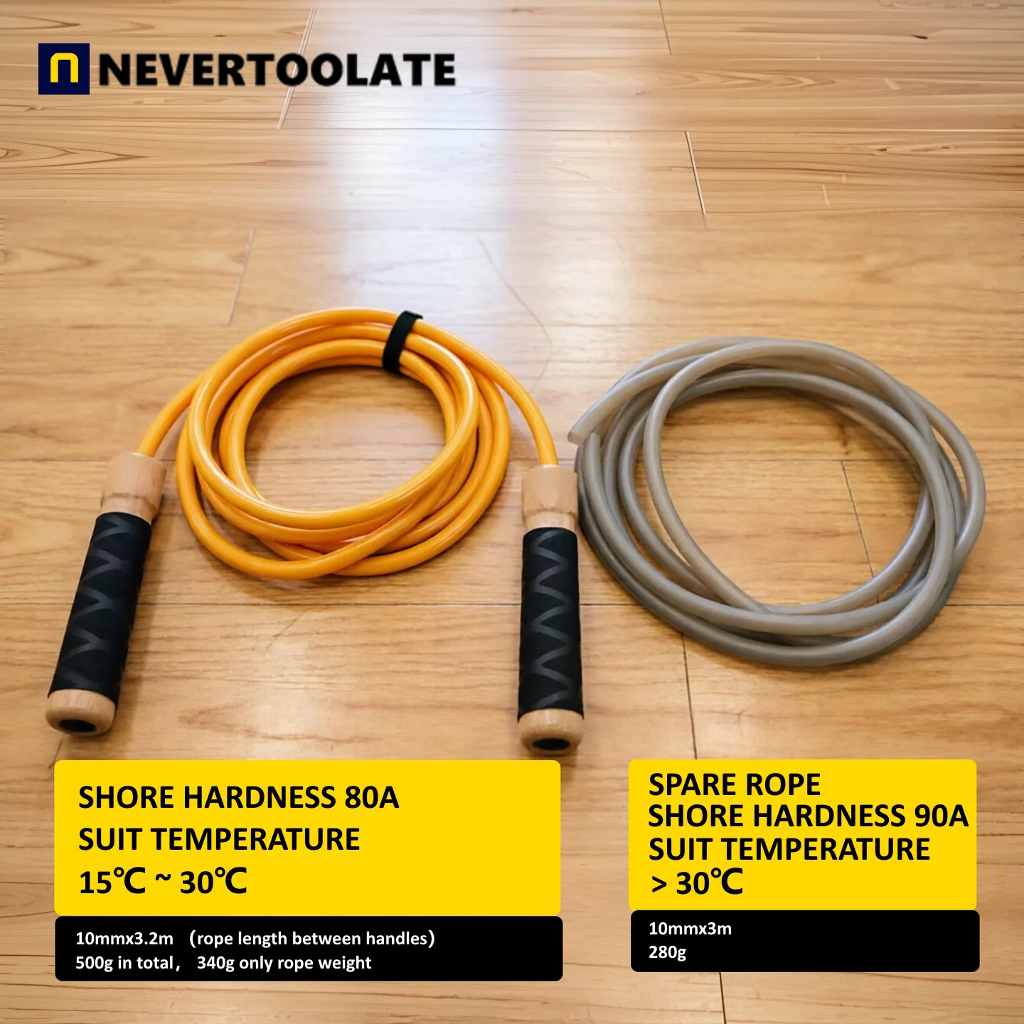 Se1c55b7629fd4eafabefbd60a2cf86b5U.webp SUPER HARD PVC HARDNESS 90A for above temperature 30℃ 86°F 10mm 450 grams heavy wood handle jump skip rope with ball bearing - Image 1