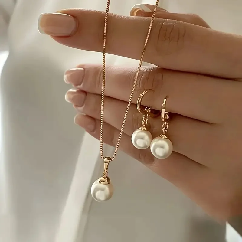 Se283ac911f6b40628b586d1a89275569A.webp LATS 3 Pcs/Set Round Pearl Pendant Necklace For Women Exquisite Fashion Rhinestone Double Earring Wedding Jewelry Set Gift - Image 1