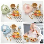 Baby Bamboo Wooden With Silicone Suction Tableware Children Cartoon Dinosaur Feeding Bowl Spoon Fork Set Kid Feeding Accessories
