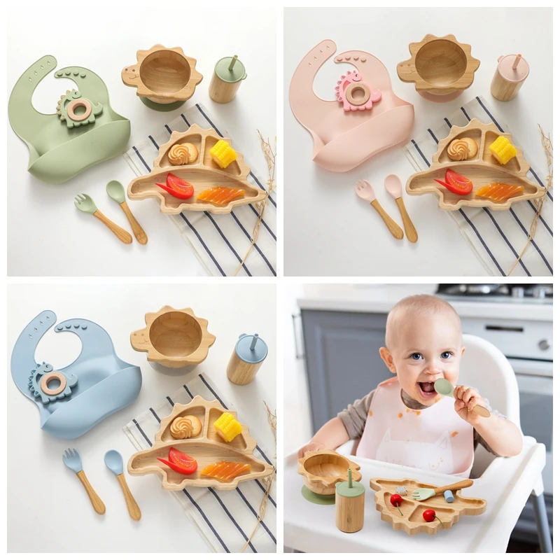 Sed06b8e5d206446c9ecc809d10b08772r.webp Baby Bamboo Wooden With Silicone Suction Tableware Children Cartoon Dinosaur Feeding Bowl Spoon Fork Set Kid Feeding Accessories - Image 1