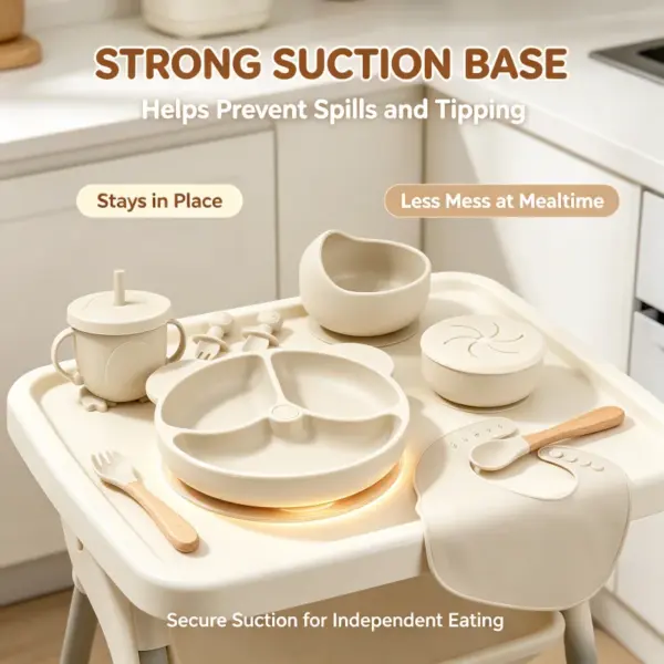 Food Grade Silicone Child Dish Set Baby Feeding Bowl Suction Plate Straw Cup Wooden Spoon Fork for Kids Tableware Toddler Dishes