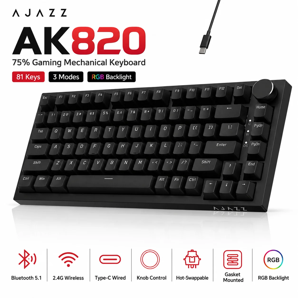 Sf7de59efb5f2494f8b1fca914dae73302-1.webp AJAZZ AK820/AK820 Pro Mechanical Gaming Keyboard Tri-Mode Bluetooth 5.1 Wireless Wired Knob Hot Swap Gasket Custom Keyboard - Image 1