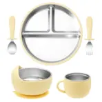 Color Kids 5PCS Baby Feeding Set Stainless Steel Silicone Tableware Sucker Dishes Plate Bowl Training Fork Spoon Infant Cup - Image 7